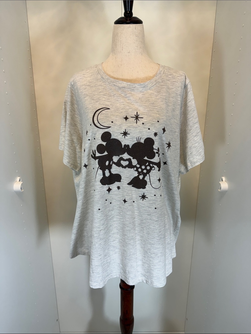 Disney Women’s Light Gray Mickey & Minnie Graphic Short Sleeve Tee